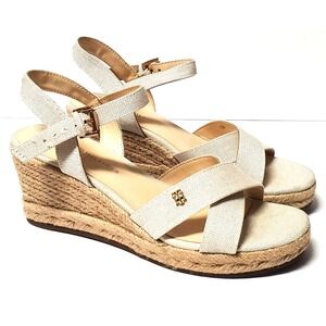 Tommy Hilfiger Sandals Genea2 Textile 6.5M Beige Strappy Wedge Platform Buckle